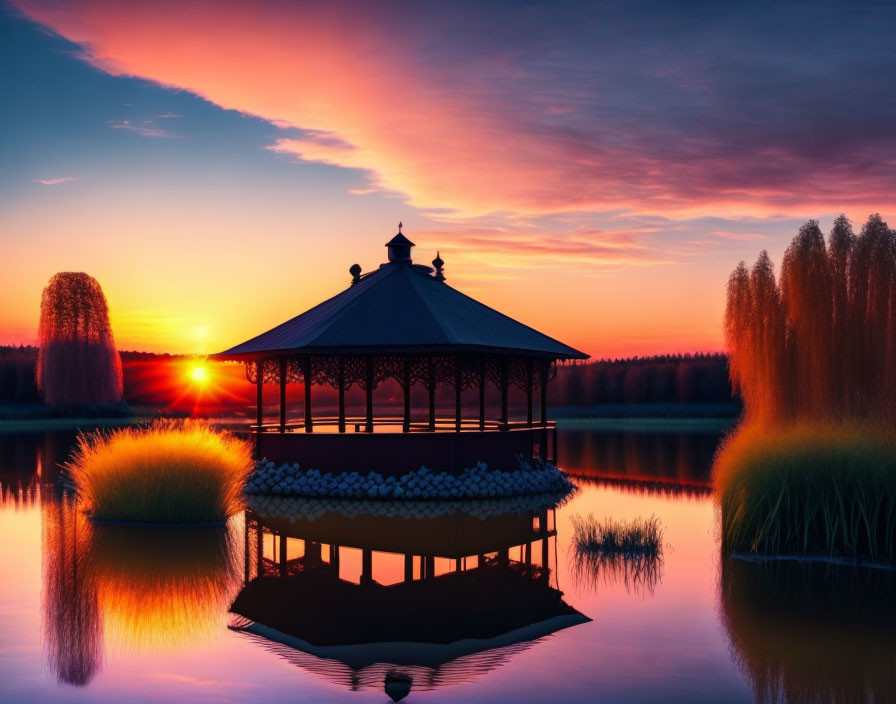 Serene lake sunrise with gazebo silhouette, colorful sky, lush trees