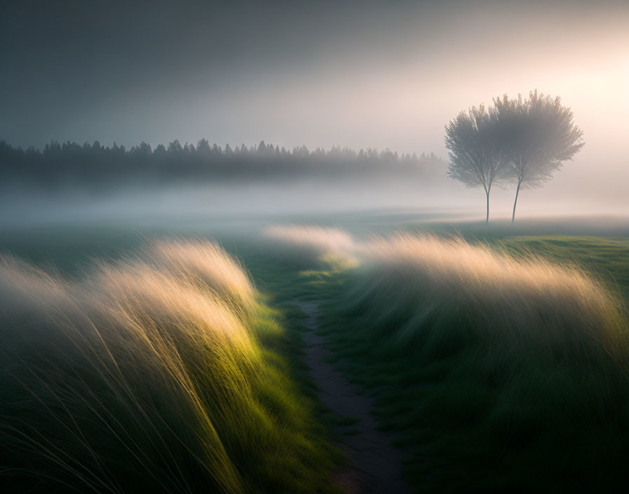 Tranquil landscape: lone tree, swaying grass, misty forest, soft-glowing