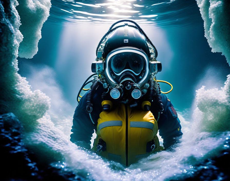 Underwater Diver in Yellow Suit Surrounded by Bubbles