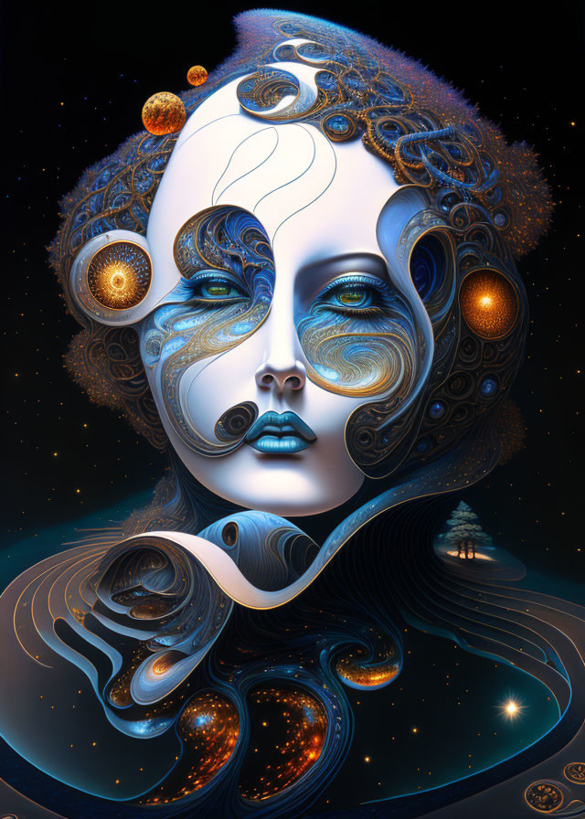 Woman's face merges with cosmic elements in surreal portrait