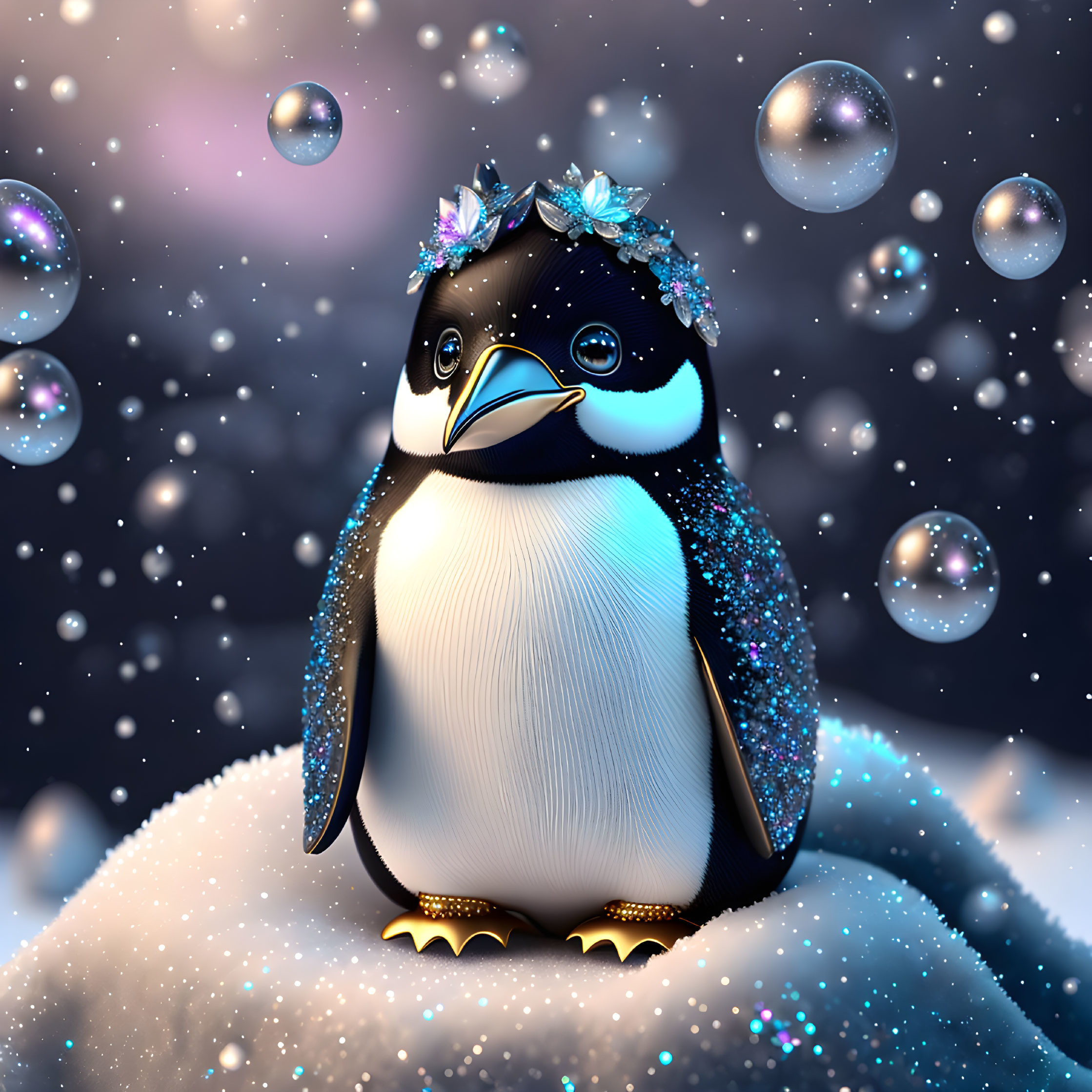 Cartoon penguin with floral headband in snowy twilight scene