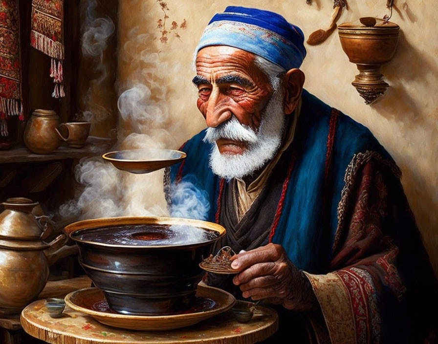 Elderly man pouring tea with steam rising from pottery