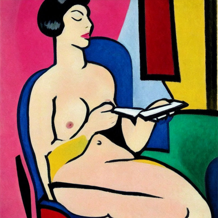 Abstract painting of seated woman reading book with bold colors