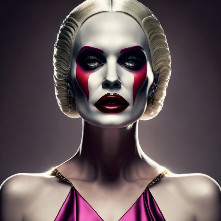 Woman with Striking Theatrical Mask Makeup and Bold Colors