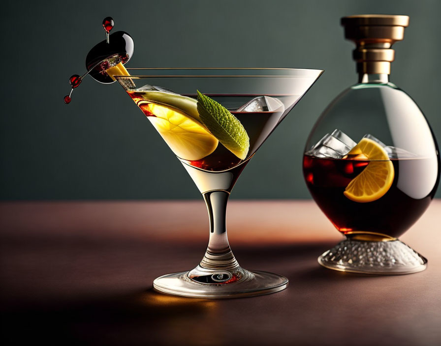 Cocktail with Olives in Martini Glass and Liquor Bottle with Orange Slice