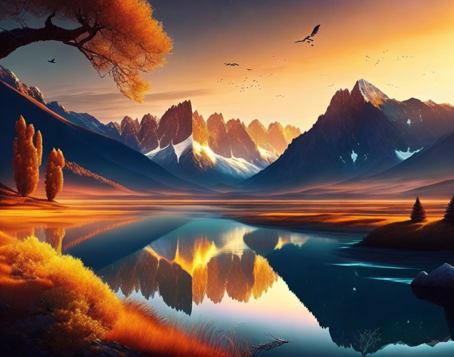 Snow-capped mountains, tranquil lake, orange foliage, flying birds at sunset