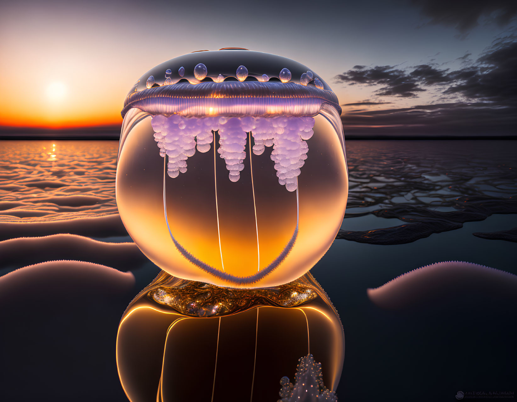Translucent jellyfish-like sphere with intricate patterns at sunset