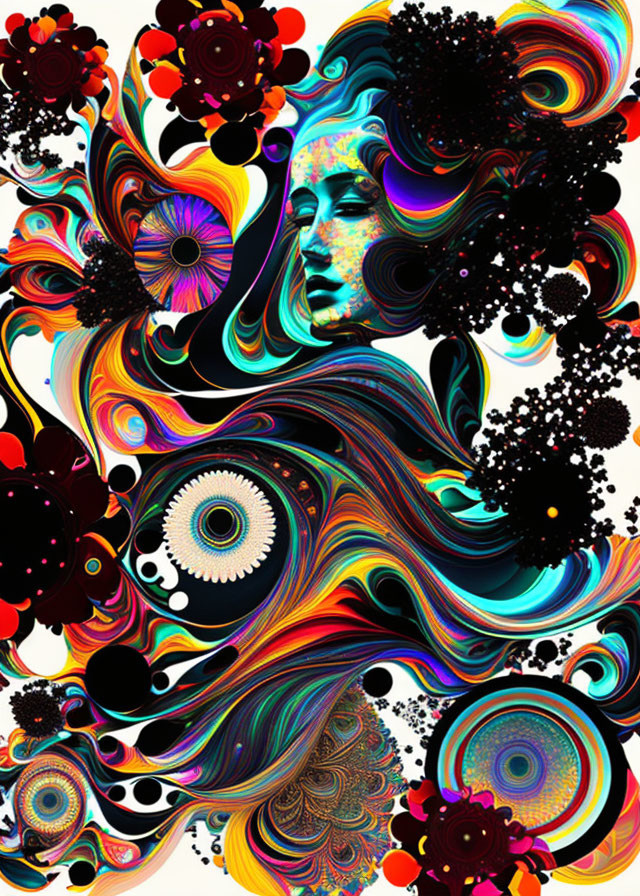 Colorful digital artwork: Woman's silhouette with flowing hair and psychedelic patterns.