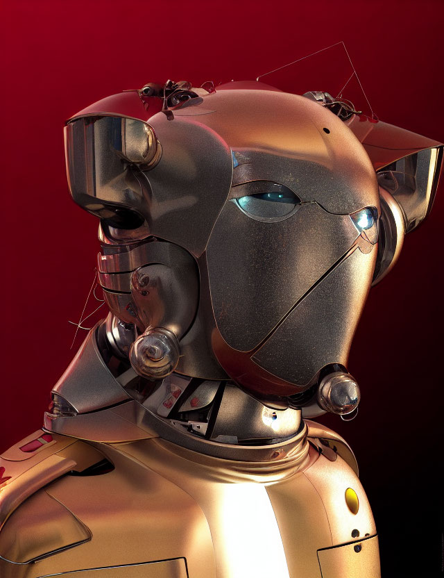 Golden humanoid robot head with intricate details on red background