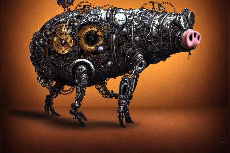 Steampunk-style mechanical pig with intricate gears, metallic limbs, and pink snout