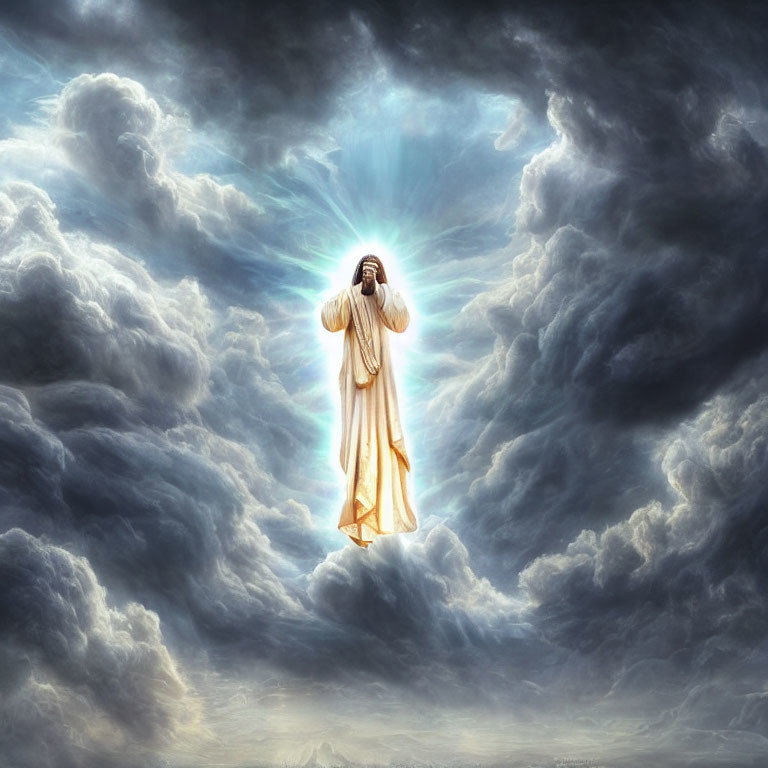 Figure in White Robes Surrounded by Radiant Halo in Dramatic Sky