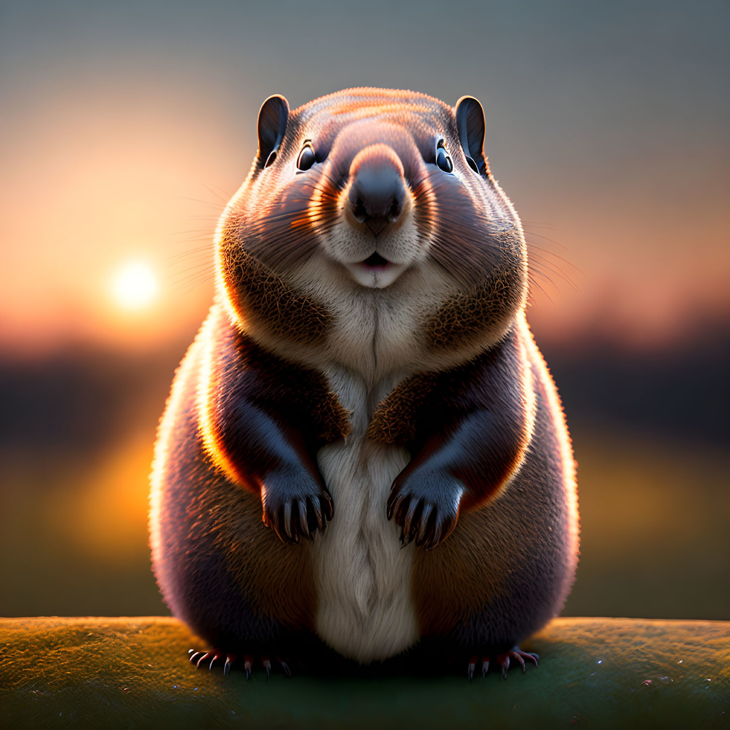 Cartoon squirrel on fence at sunset with warm glow