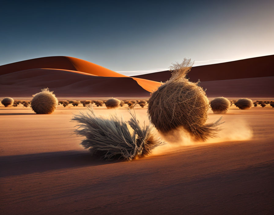 Sunset Desert Landscape with Tumbleweeds, Sand Dunes, and Clear Sky