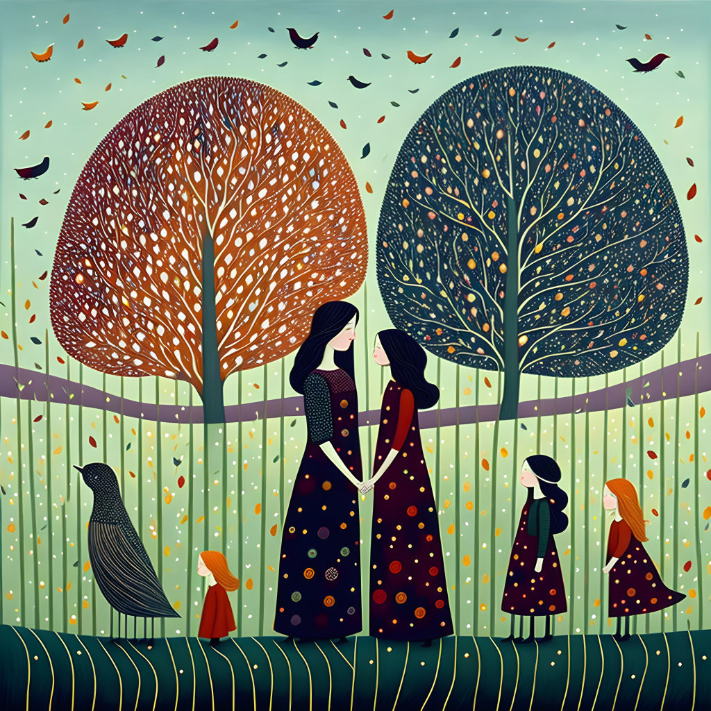 Stylized women, children, colorful trees, bird, leaves, whimsical background