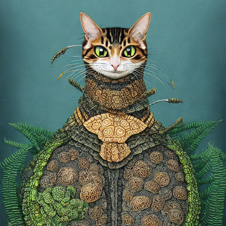 Cat's Head on Tortoise's Body with Intricate Patterns on Teal Background