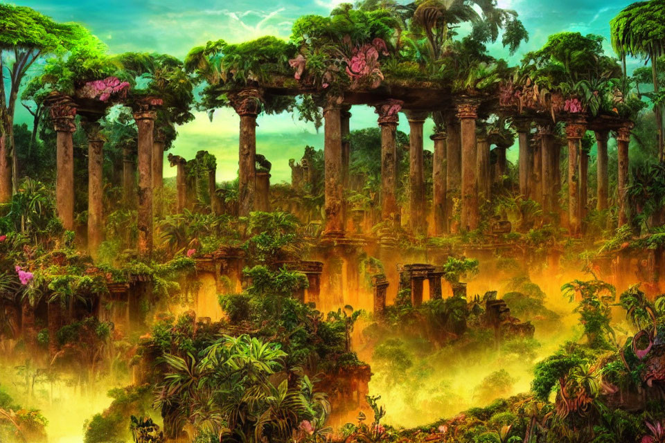 Mystical jungle with ancient ruins and towering trees