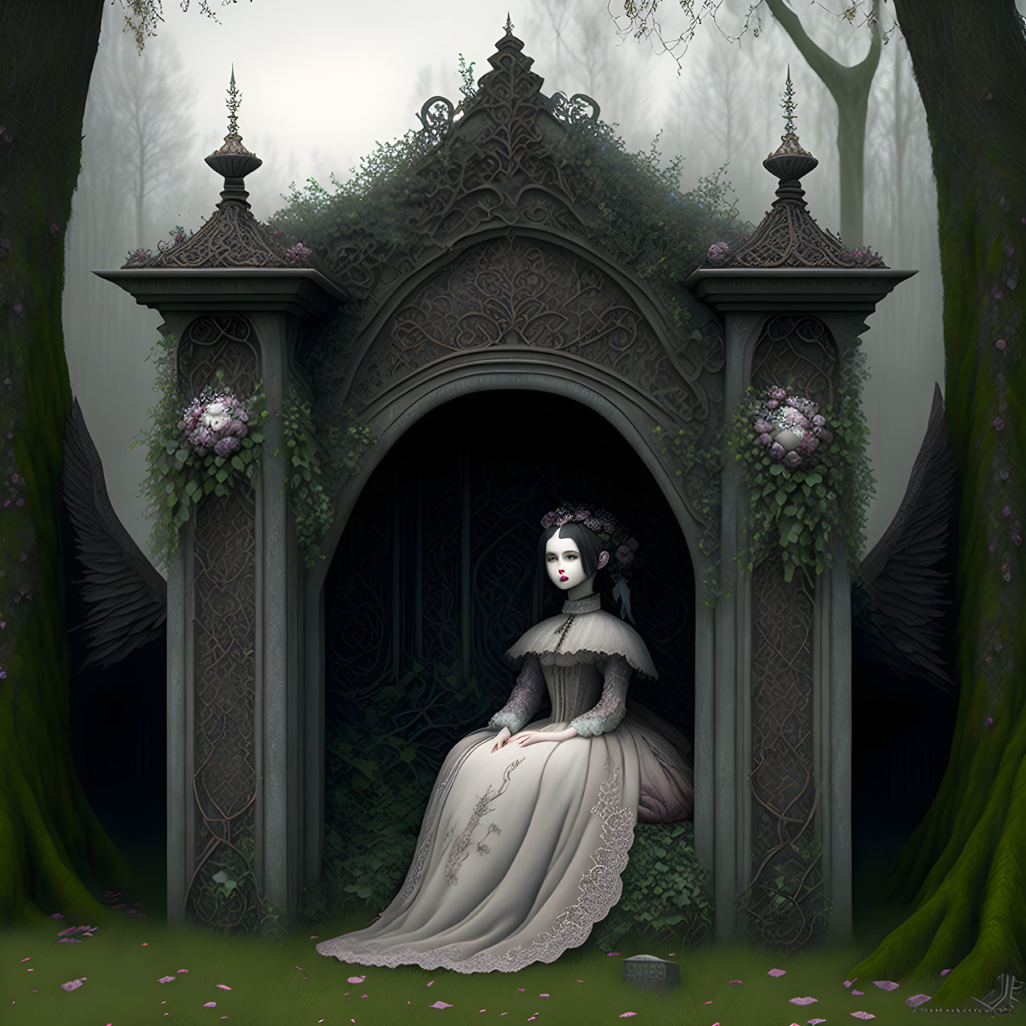 Gothic-style illustration of pale woman in vintage dress by ornate archway