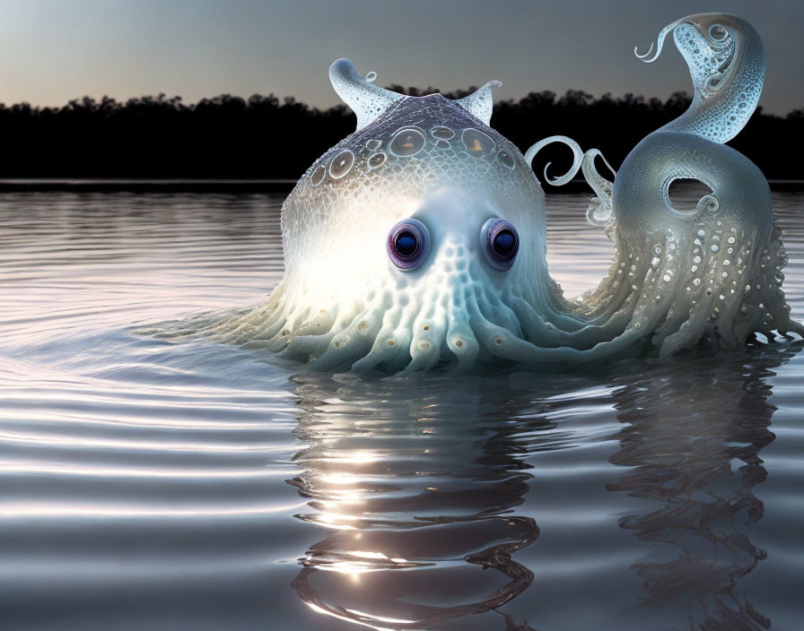 Surreal octopus with large purple eyes in tranquil water at dusk