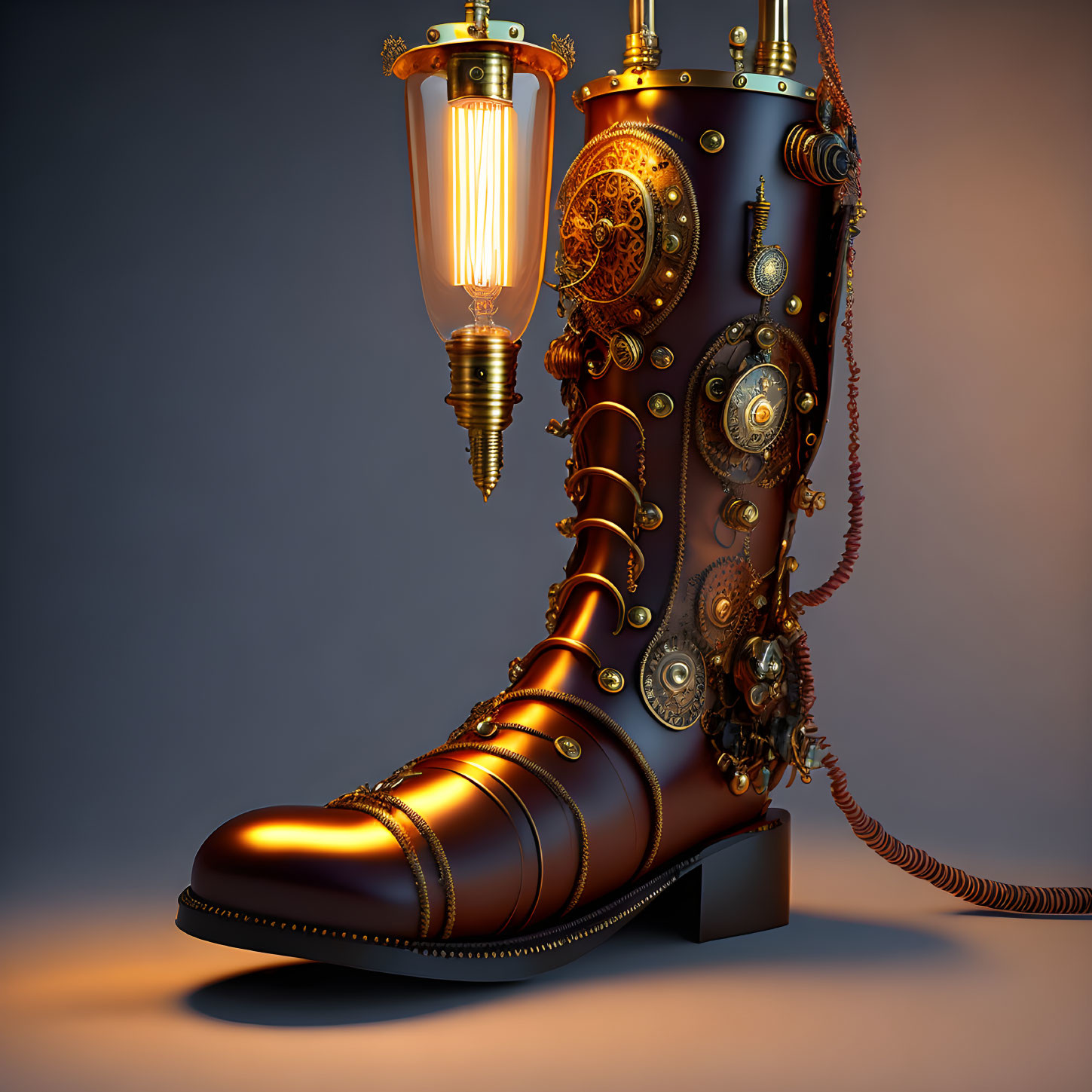 Steampunk-style boot with mechanical gears and lightbulb-lantern on gradient background