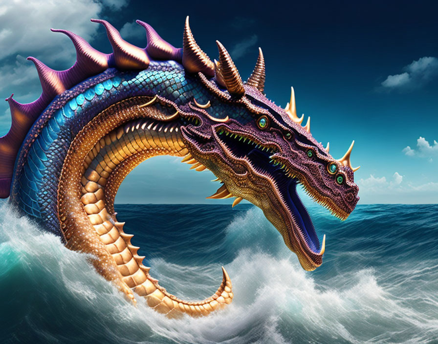 Digital Art: Multi-Headed Sea Serpent Emerges from Ocean