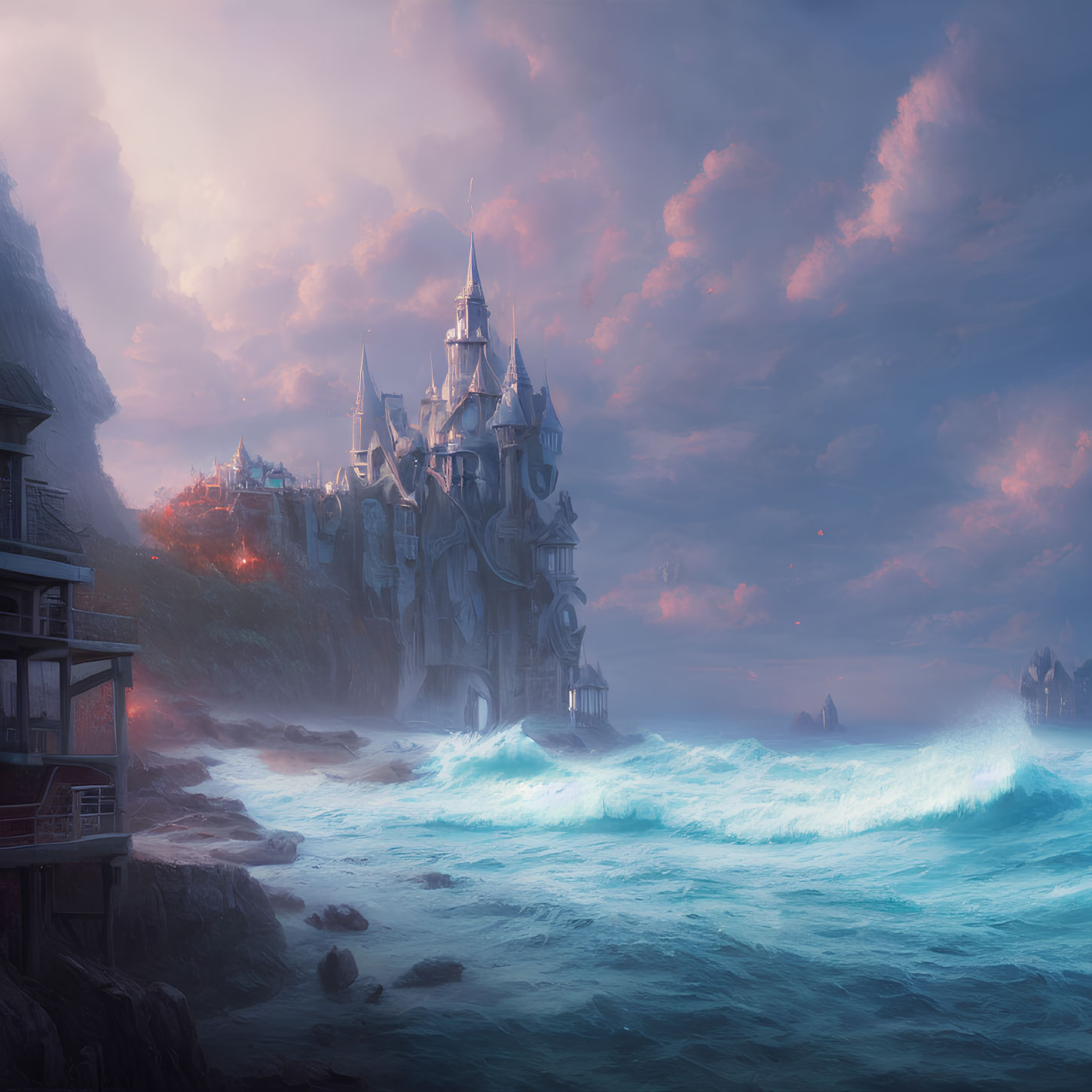 Majestic castle on cliff overlooking turbulent sea under pink sky