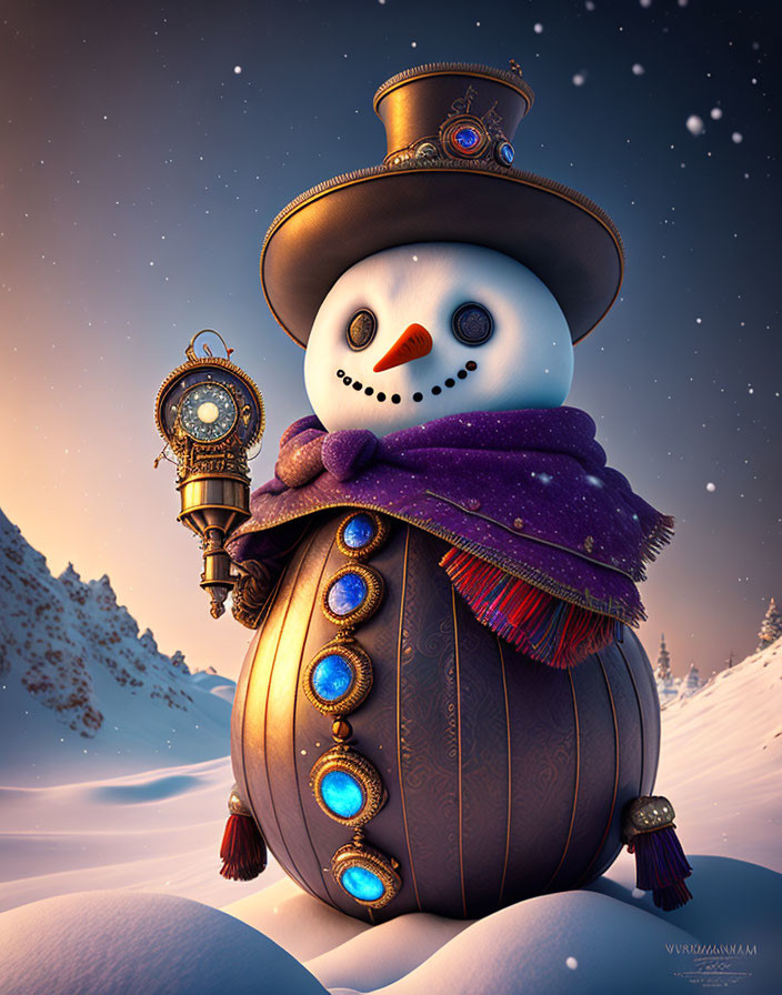 Snowman with top hat, blue buttons, lantern, starry night sky