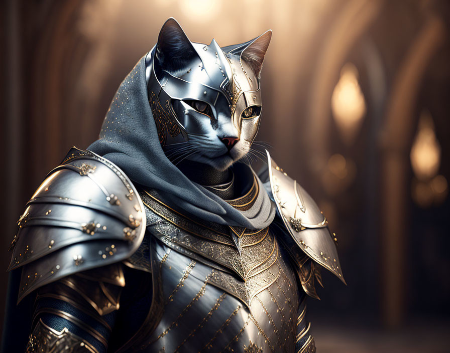 Stoic cat in medieval knight armor in grand hall