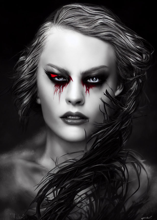 Monochromatic portrait of a woman with red eyes and black tears