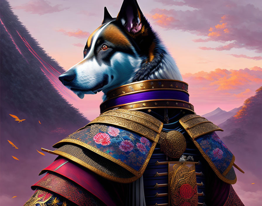 Majestic dog in samurai armor against mountain backdrop