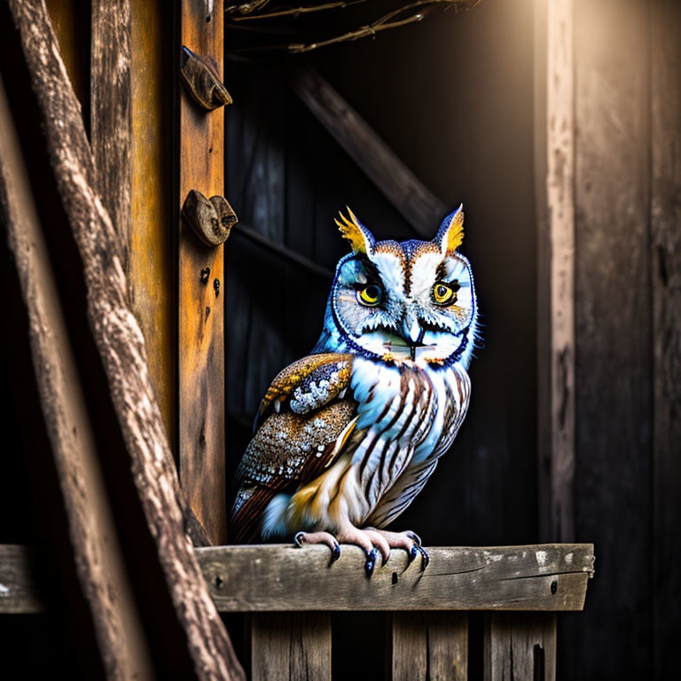 Colorful Owl Perched in Wooden Structure with Sunlight Highlighting Details