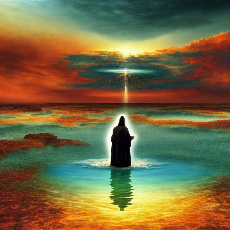 Robed Figure Standing in Shallow Water at Vibrant Sunset