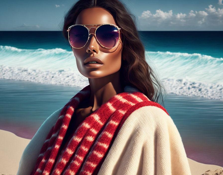 Woman in Aviator Sunglasses Poses on Beach with Waves