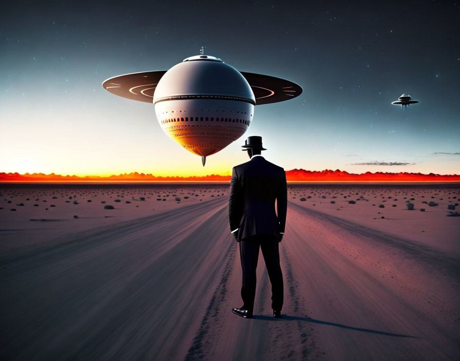 Man in suit and hat gazes at UFO on desert road at sunset