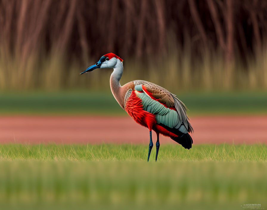 Elegant Sandhill Crane with Red Cap in Green Grass