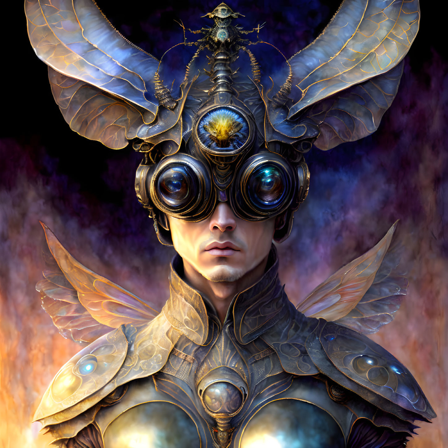 Detailed steampunk-style person with ornate armor and metallic wings artwork.