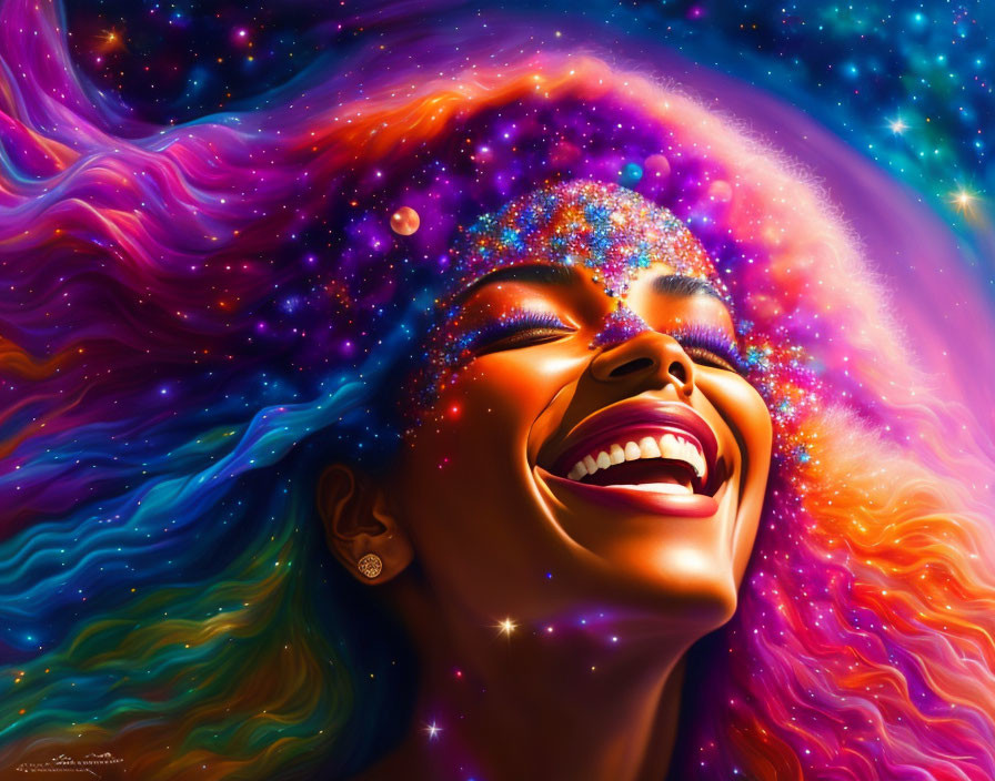 Cosmic-themed Woman with Vibrant Space Colors and Joyful Expression