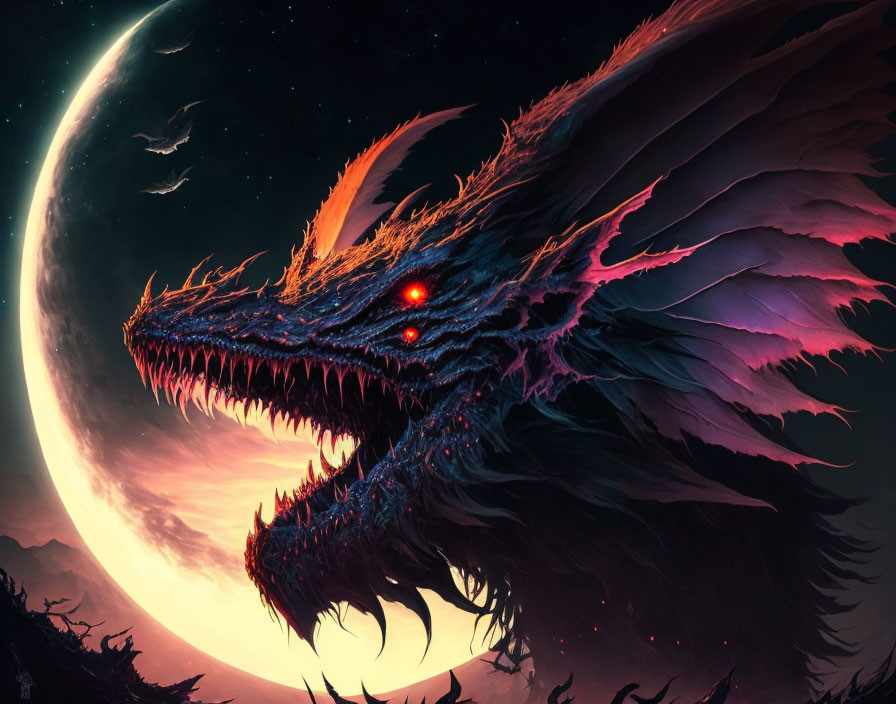 Majestic dragon with red eyes flying under full moon