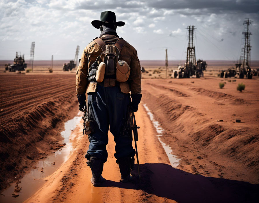 Cowboy in desert landscape with oil rigs and cloudy sky.