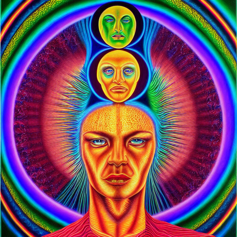 Colorful Psychedelic Artwork with Three Faces and Aura Rings