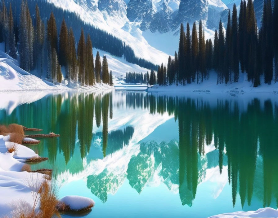 Snow-capped mountains reflected in serene alpine lake surrounded by lush green pine trees