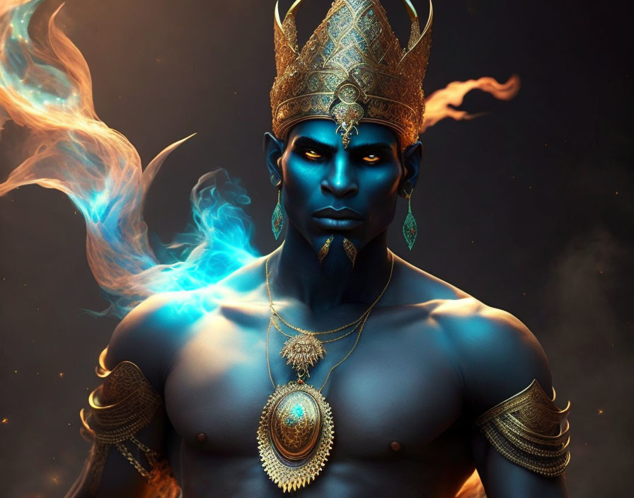 Blue-skinned being with golden crown and jewelry in swirling blue flames