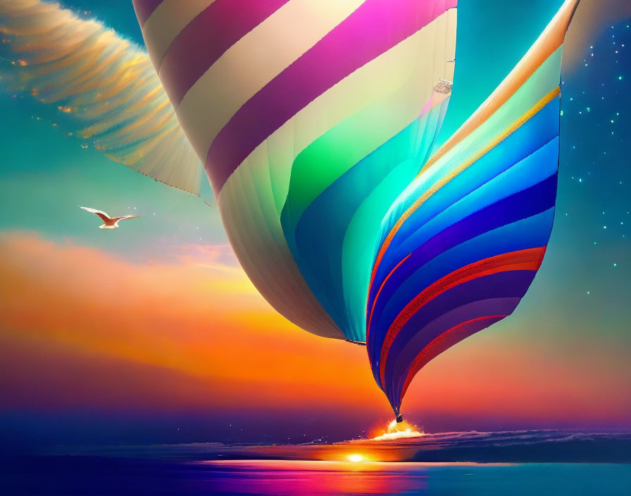 Vibrant hot air balloons over sunset seascape with flying seagull.