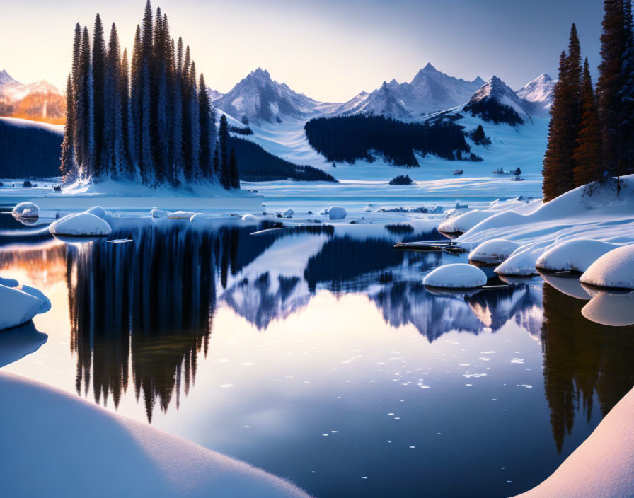 Snow-covered Lake Reflecting Pine Trees and Mountains at Sunrise or Sunset