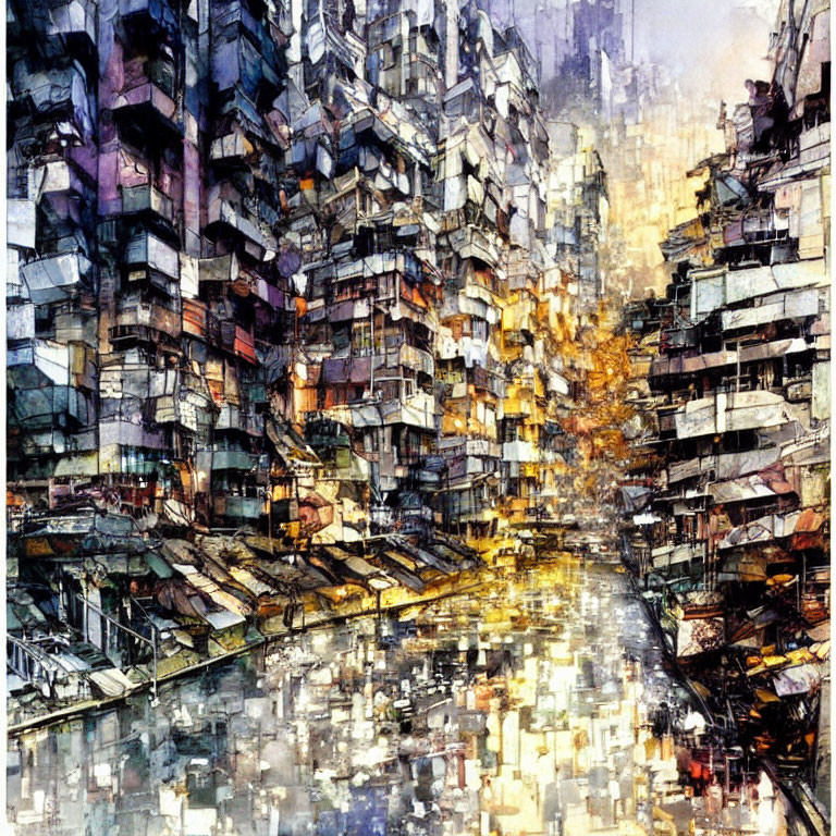 Colorful watercolor painting of a bustling urban area with overlapping buildings.