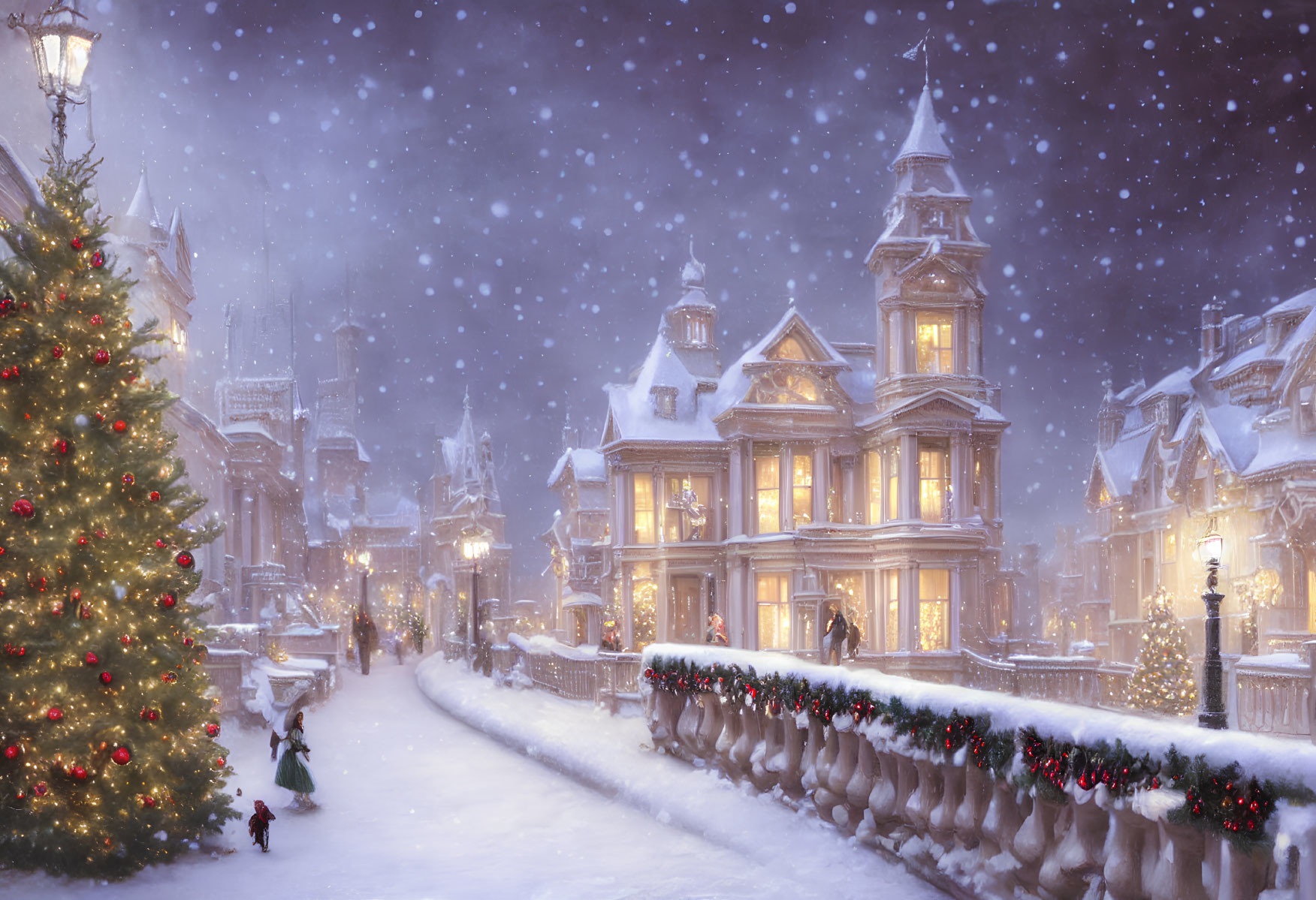 Snow-covered street with Victorian buildings, Christmas tree, and people in snowfall