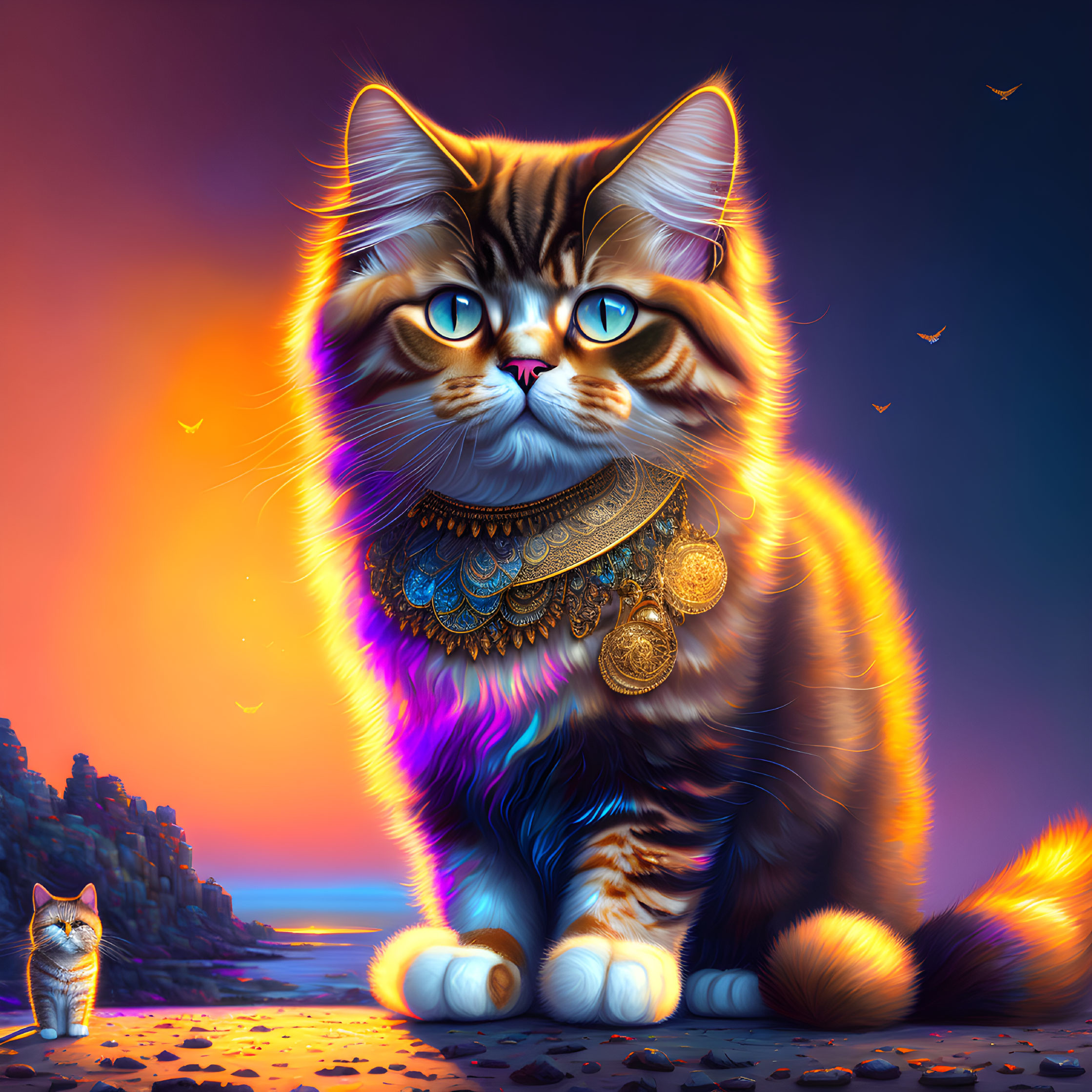 Digital Artwork: Fluffy Tabby Cat with Gold Necklace on Sunset Beach