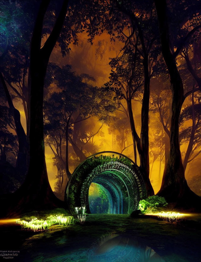 Mystical forest scene with ancient stone bridge over still river