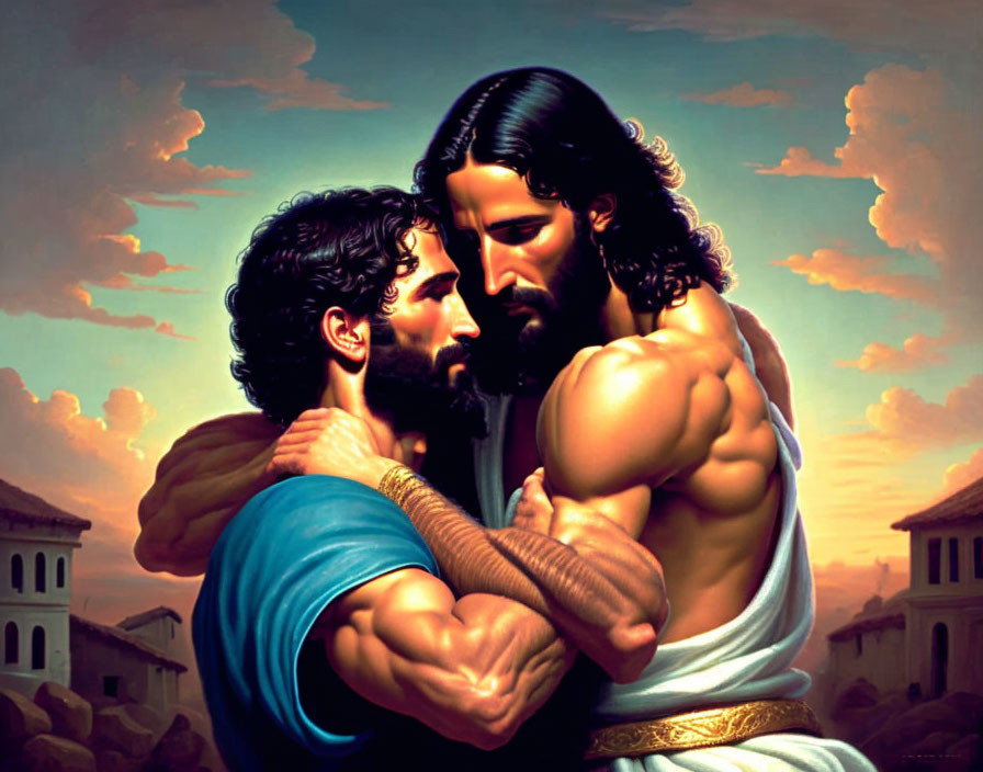 Muscular men embracing in front of ancient building backdrop.