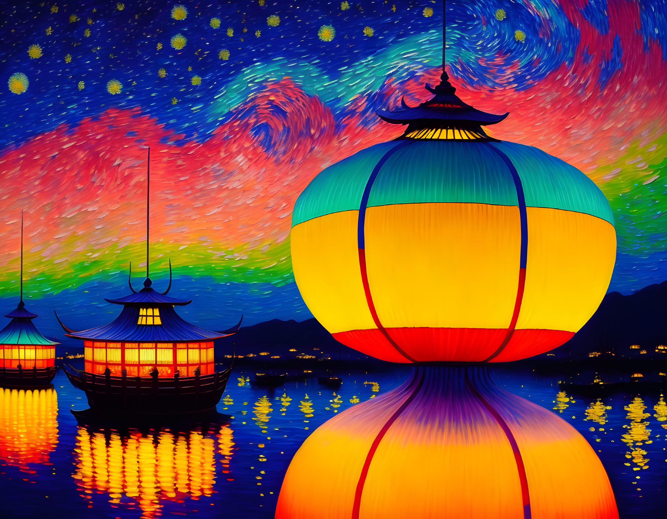 Floating lanterns on water with Starry Night backdrop and boats.