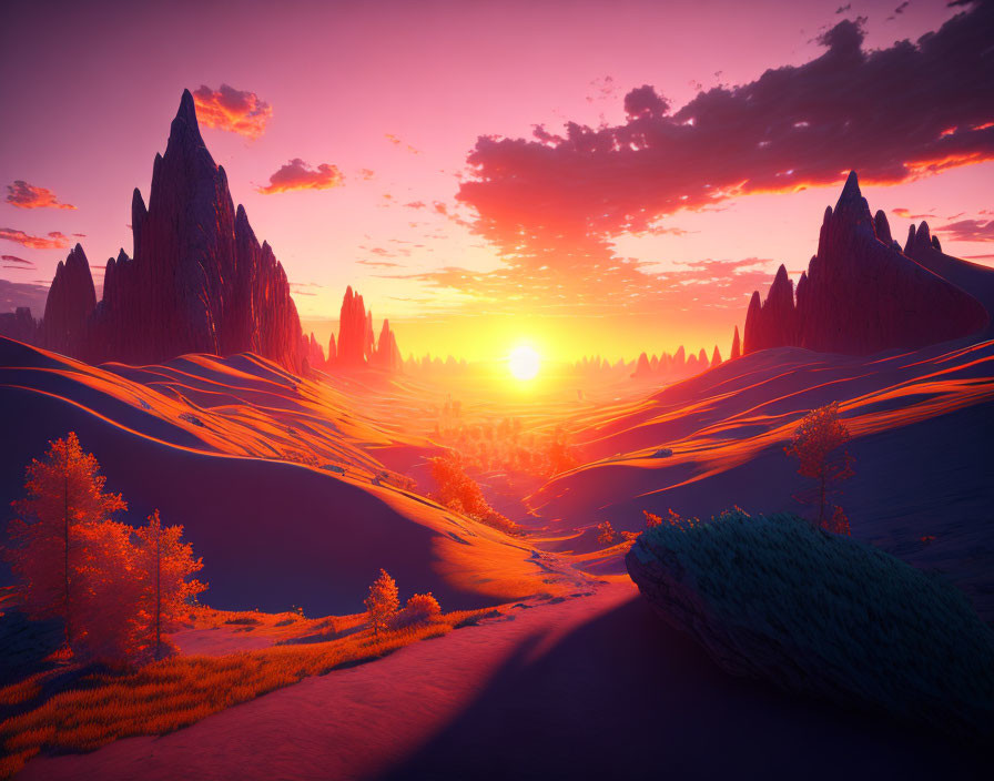 Surreal sunset landscape with vibrant orange hues